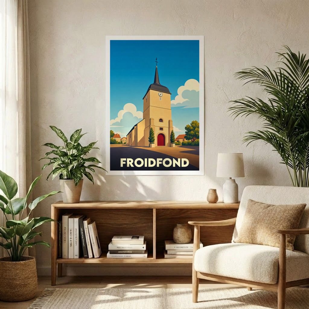 Affiche souvenir de la ville de Froidfond avec une illustration stylisée de son église sous un ciel bleu.