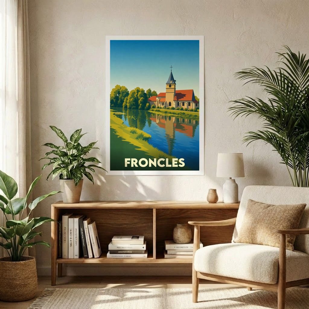 Affiche souvenir de la ville de Froncles avec une illustration stylisée représentant son église au bord de l'eau.