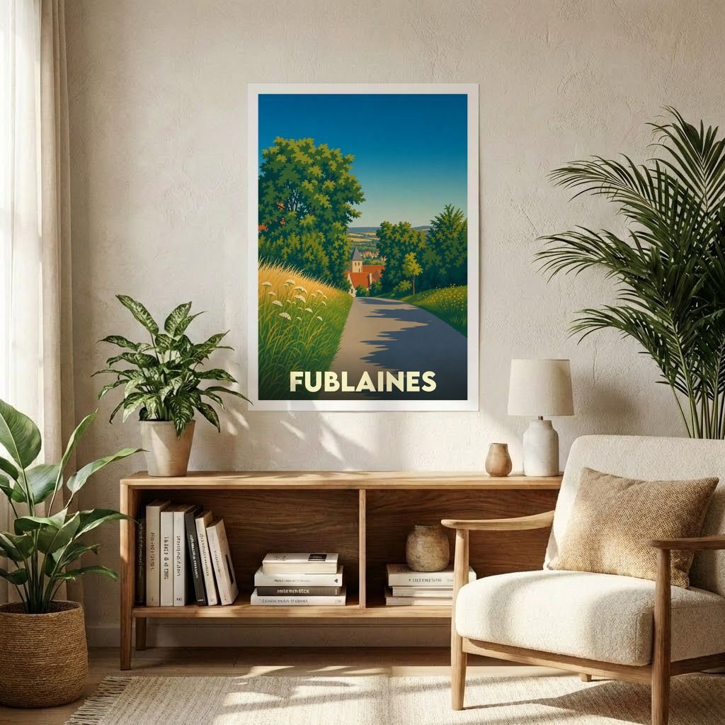 Affiche souvenir de la ville de Fublaines avec une illustration stylisée d'un paysage champêtre.