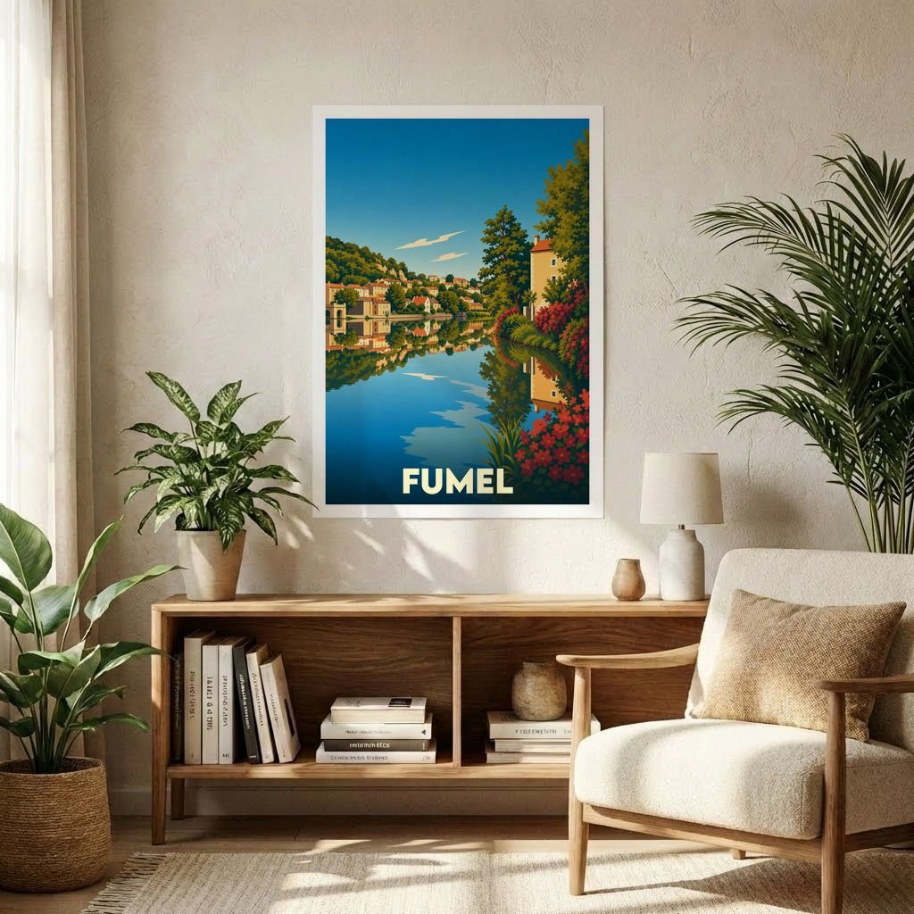 Affiche souvenir de la ville de Fumel avec une illustration stylisée et colorée de ses paysages au bord de l'eau.