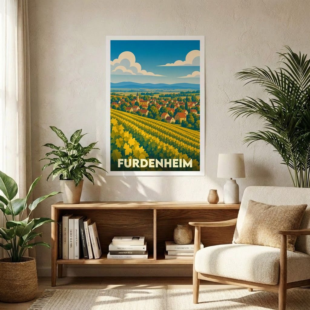Affiche souvenir de la ville de Furdenheim illustrant ses paysages de vignobles et son village dans un style rétro.