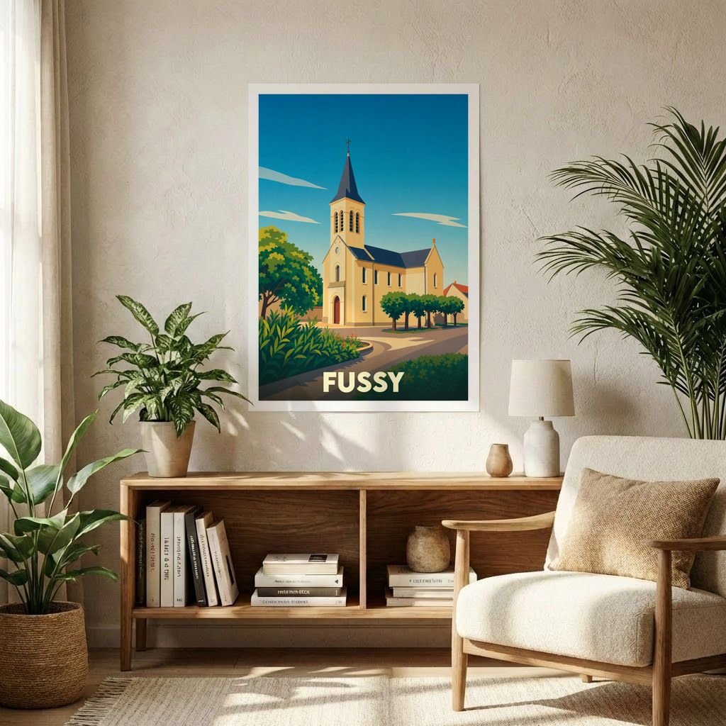 Affiche souvenir de la ville de Fussy représentant une église de village dans un style graphique épuré.