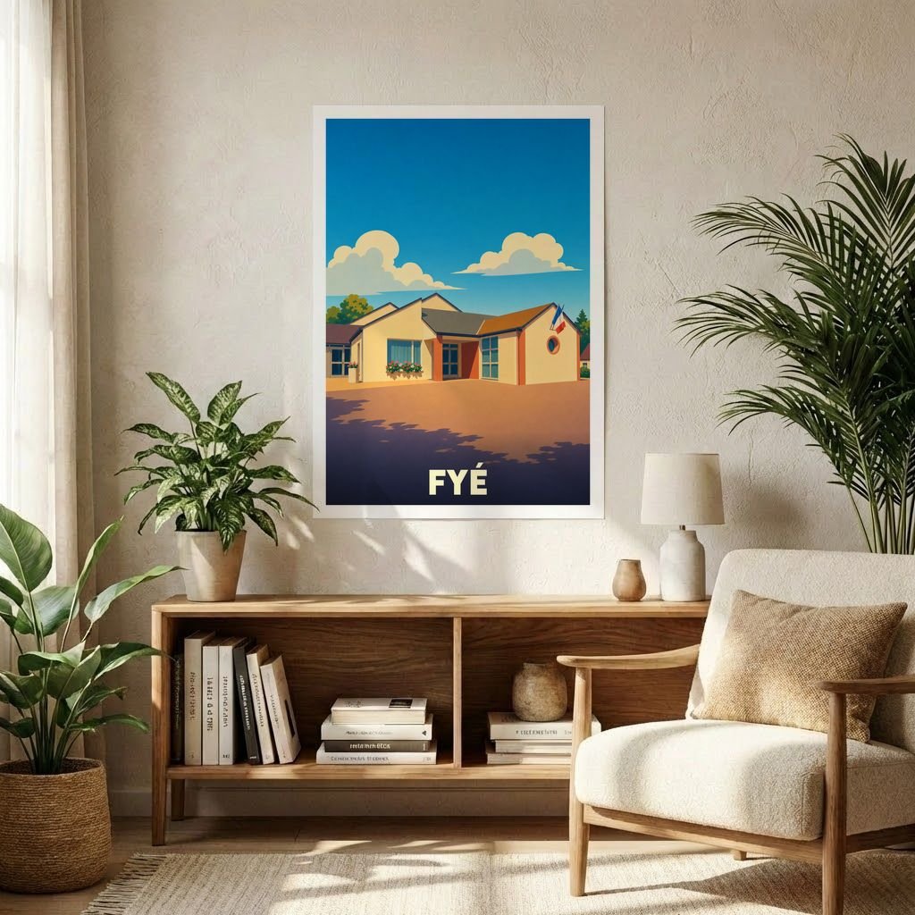 Affiche souvenir de la ville de Fyé représentant son hôtel de ville dans un style graphique épuré.