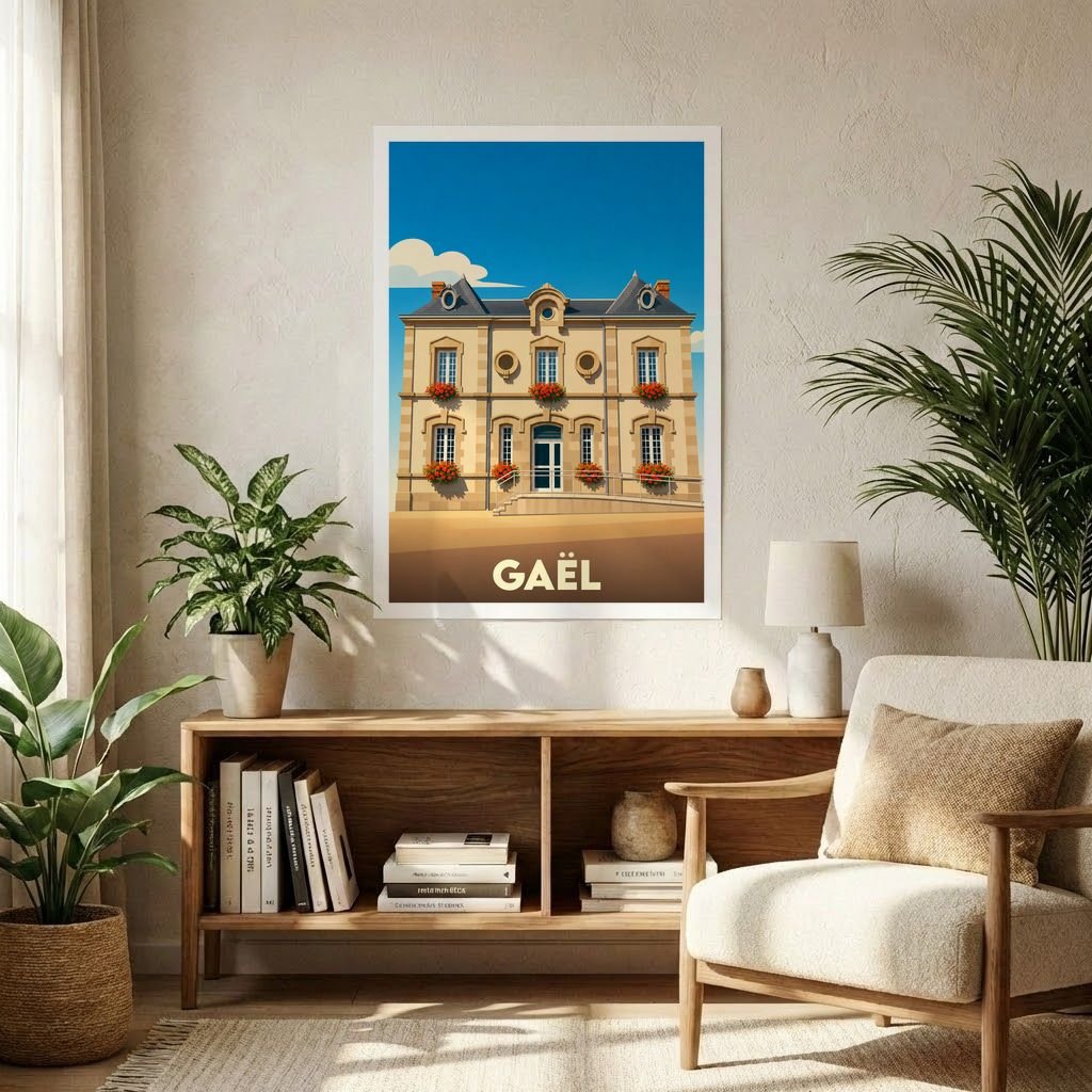 Affiche souvenir de la ville de Gaël avec une illustration stylisée de son architecture.