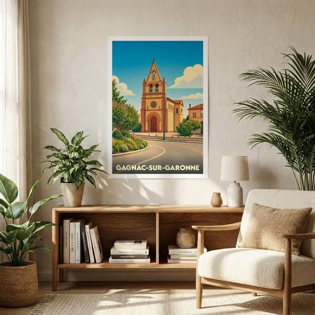Affiche souvenir de la ville de Gagnac-sur-Garonne avec une illustration stylisée de son église sous un ciel azur.