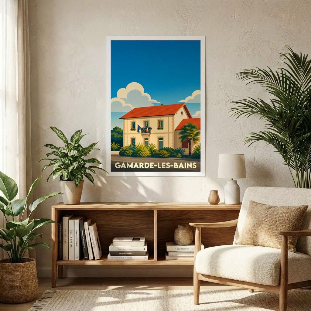 Affiche souvenir de la ville de Gamarde-les-Bains avec une illustration stylisée.