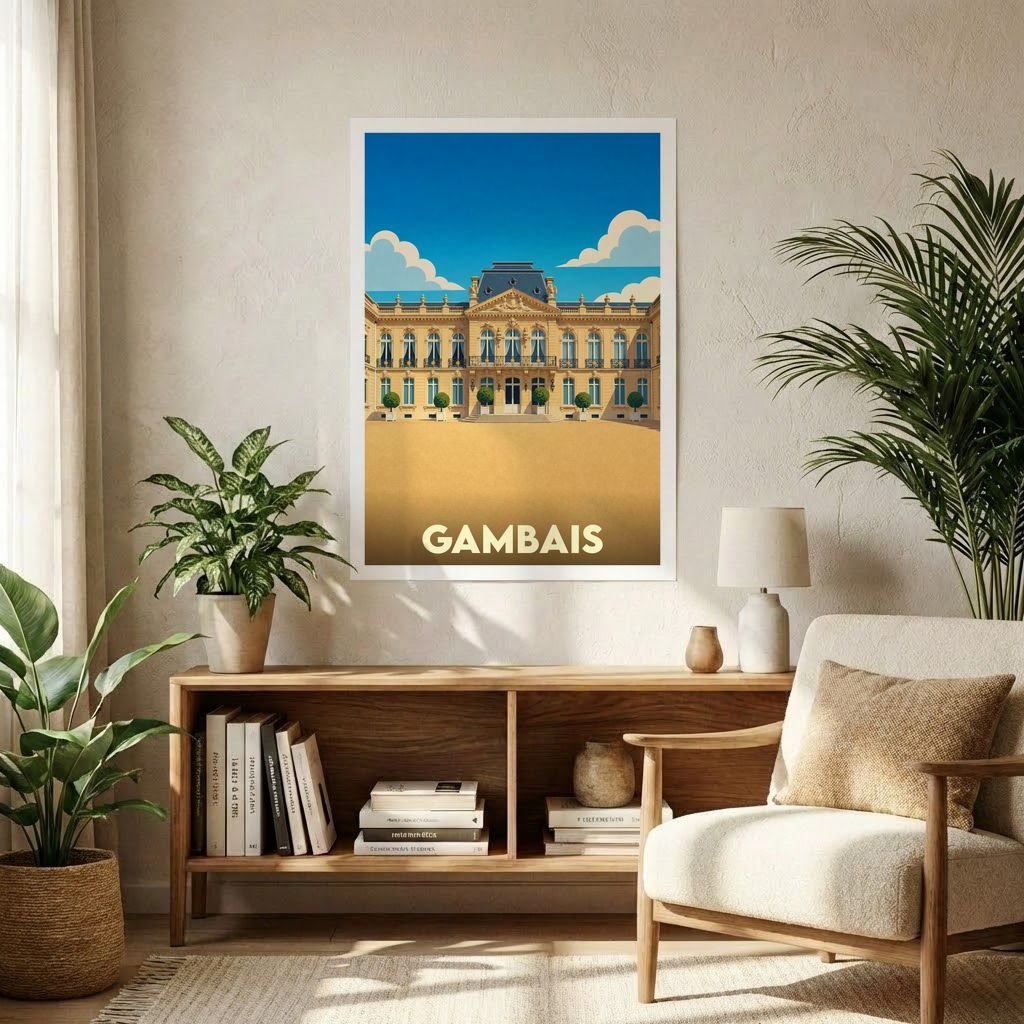 Affiche souvenir de la ville de Gambais représentant le château de Neuville dans un style graphique épuré.
