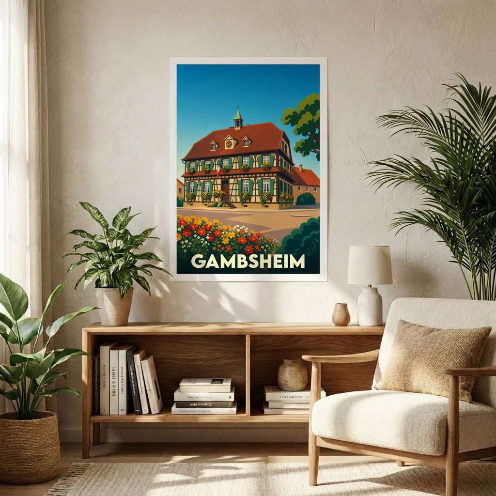 Affiche souvenir de la ville de Gambsheim illustrant une maison traditionnelle alsacienne fleurie dans un style rétro.
