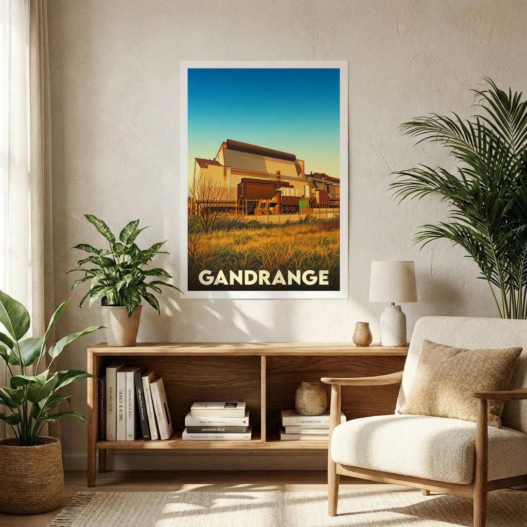 Affiche souvenir de la ville de Gandrange avec une illustration stylisée d'un complexe industriel.