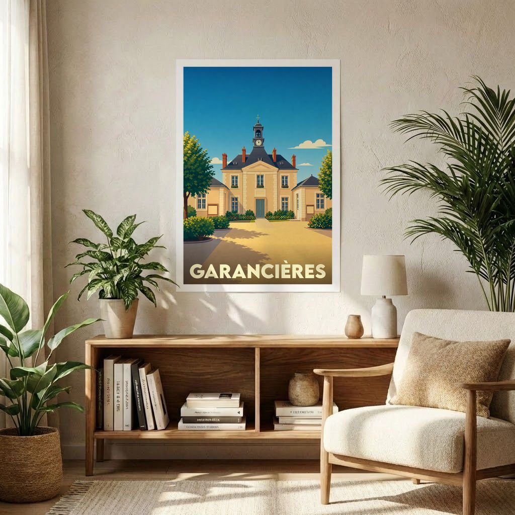 Affiche souvenir de la ville de Garancières avec une illustration stylisée de son hôtel de ville.
