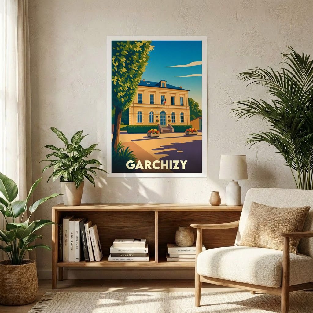 Affiche souvenir de la ville de Garchizy avec une illustration stylisée de son hôtel de ville.