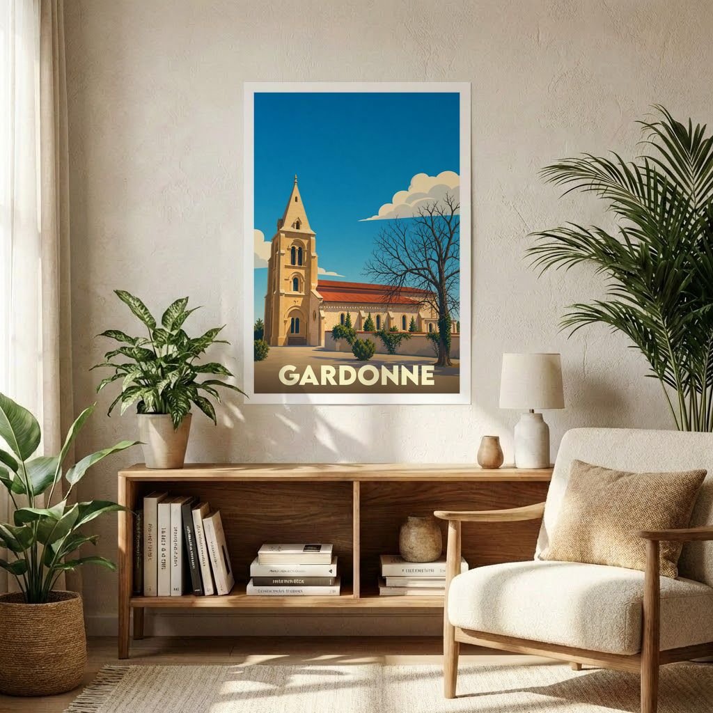 Affiche souvenir de la ville de Gardonne avec une illustration stylisée d'une église sous un ciel bleu.