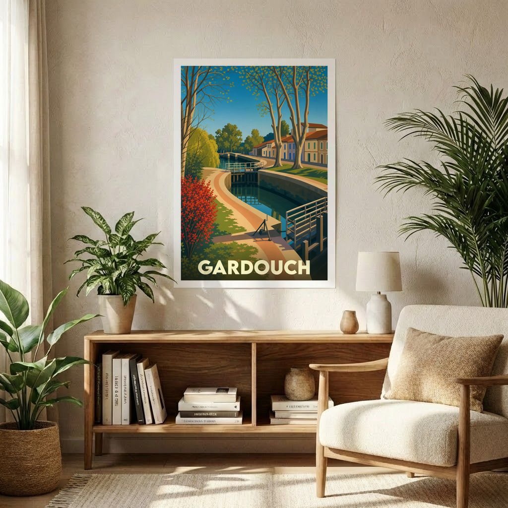 Affiche souvenir de la ville de Gardouch illustrant le canal du Midi dans un style rétro.