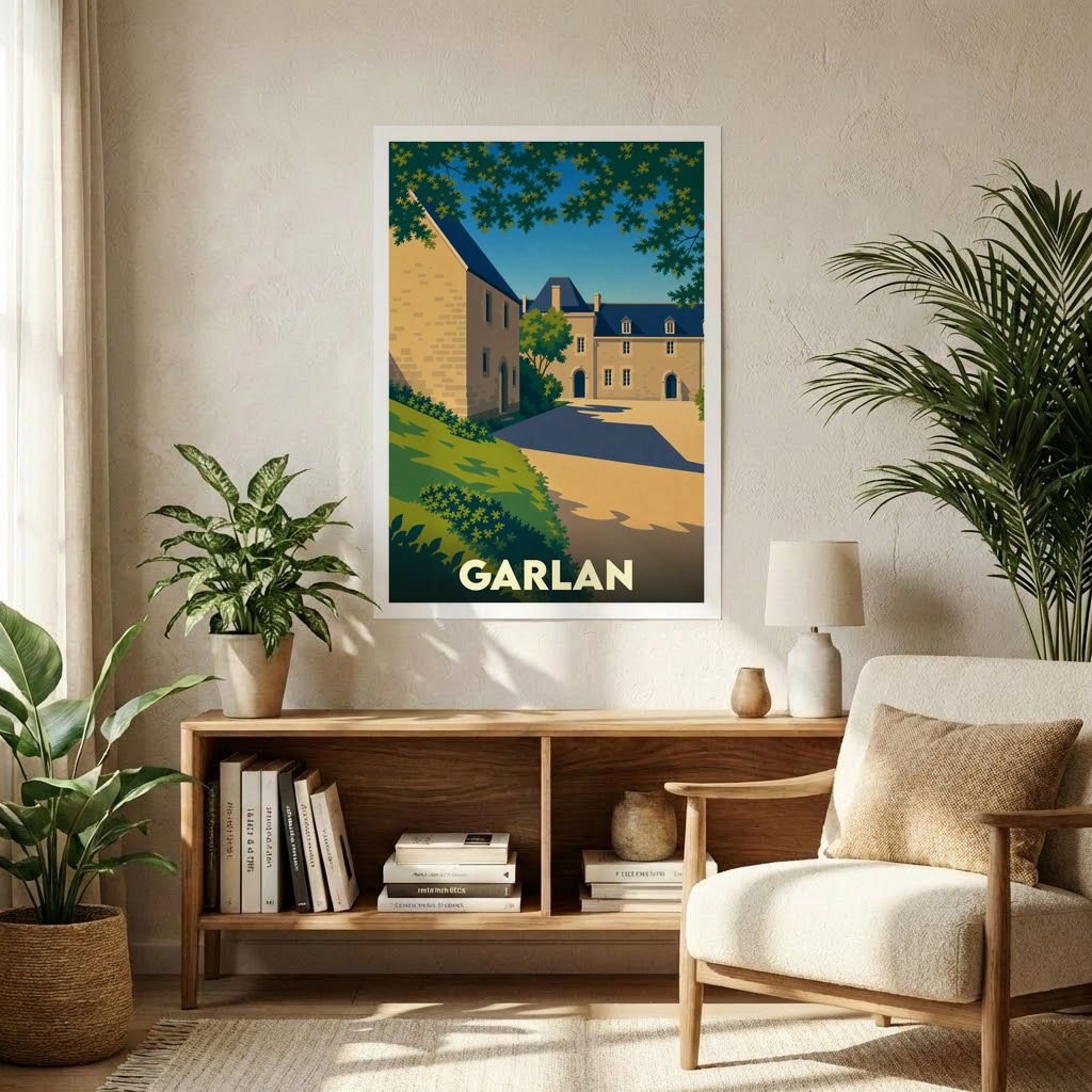 Affiche souvenir de la ville de Garlan avec une illustration stylisée représentant un bâtiment historique sous un ciel bleu.