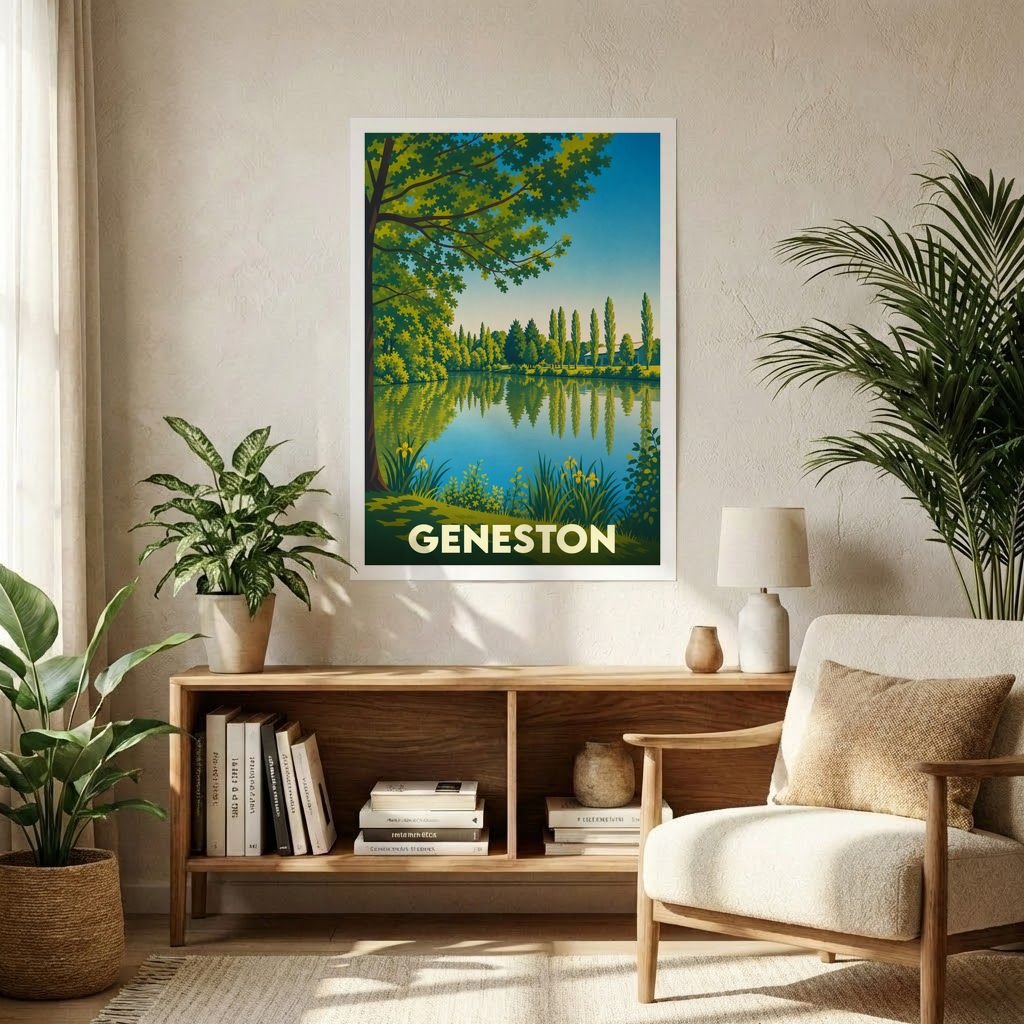 Affiche souvenir de la ville de Geneston représentant une illustration stylisée d'un lac bordé de végétation.