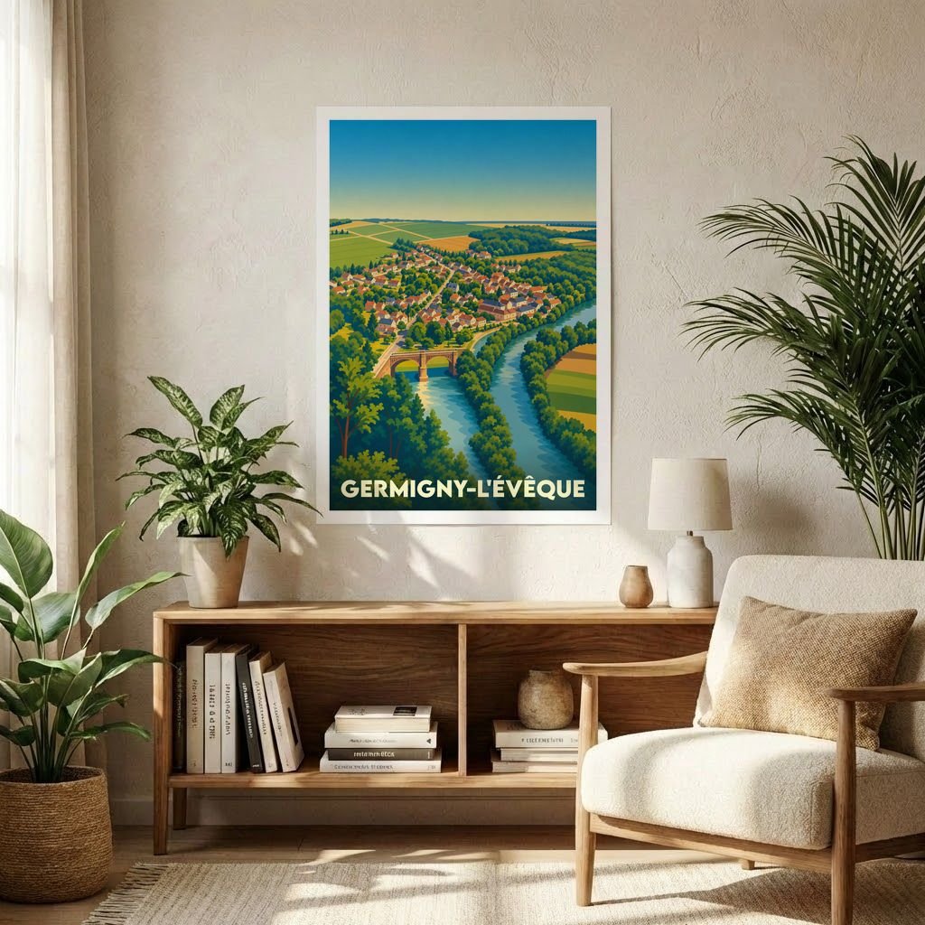 Affiche souvenir de la ville de Germigny-l'Évêque avec une illustration stylisée d'un paysage de campagne et de sa rivière.