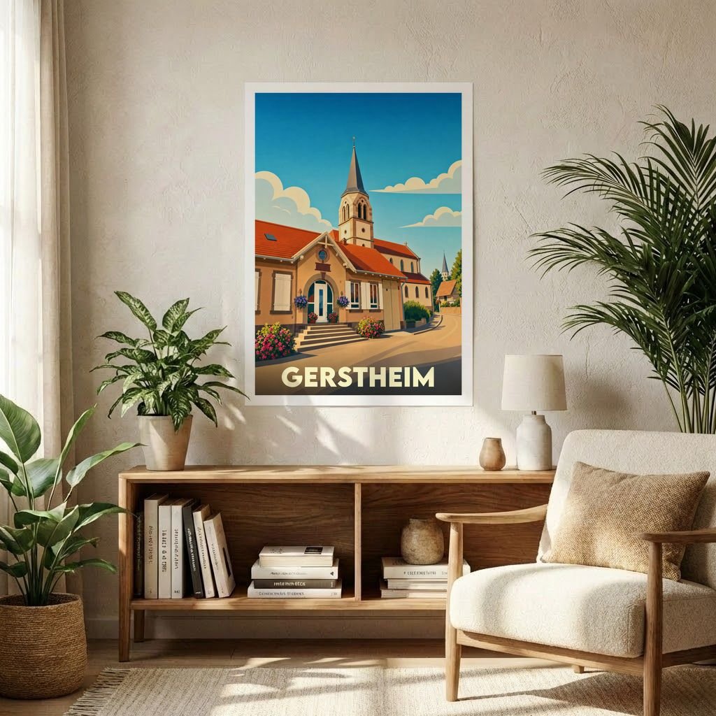 Affiche souvenir de la ville de Gerstheim avec une illustration stylisée montrant son église et ses bâtiments pittoresques sous un ciel bleu.