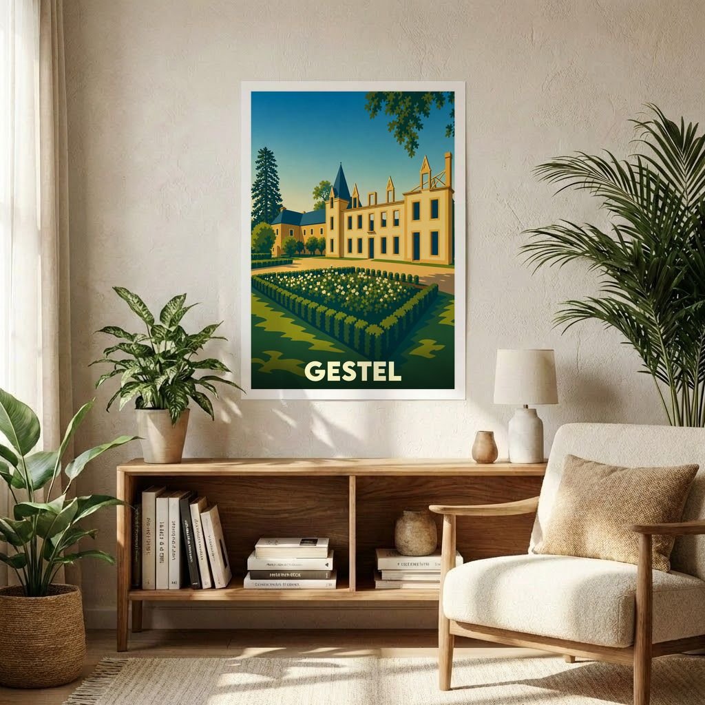 Affiche souvenir de la ville de Gestel avec une illustration stylisée d'un château et de ses jardins.