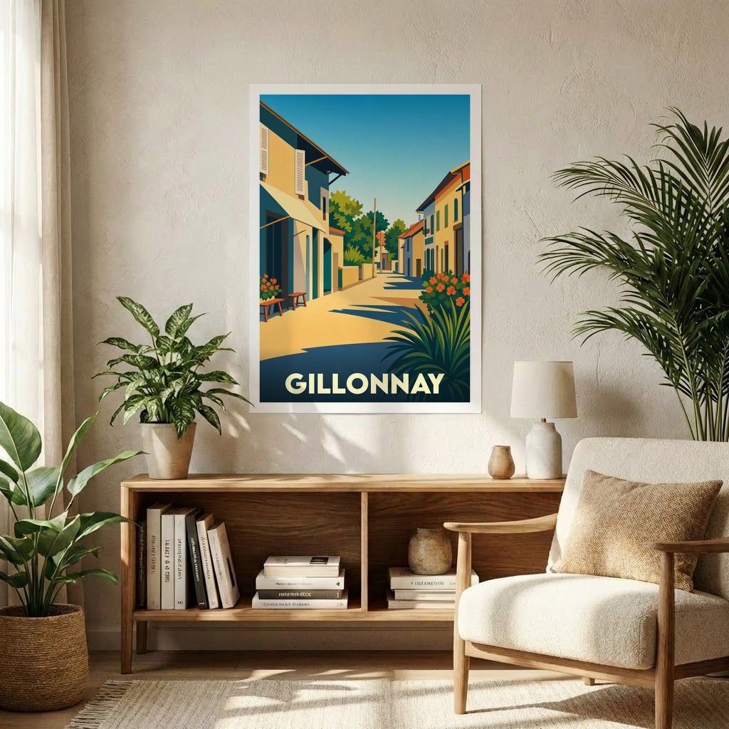 Affiche souvenir de la ville de Gillonnay illustrant une rue ensoleillée dans un style graphique épuré.