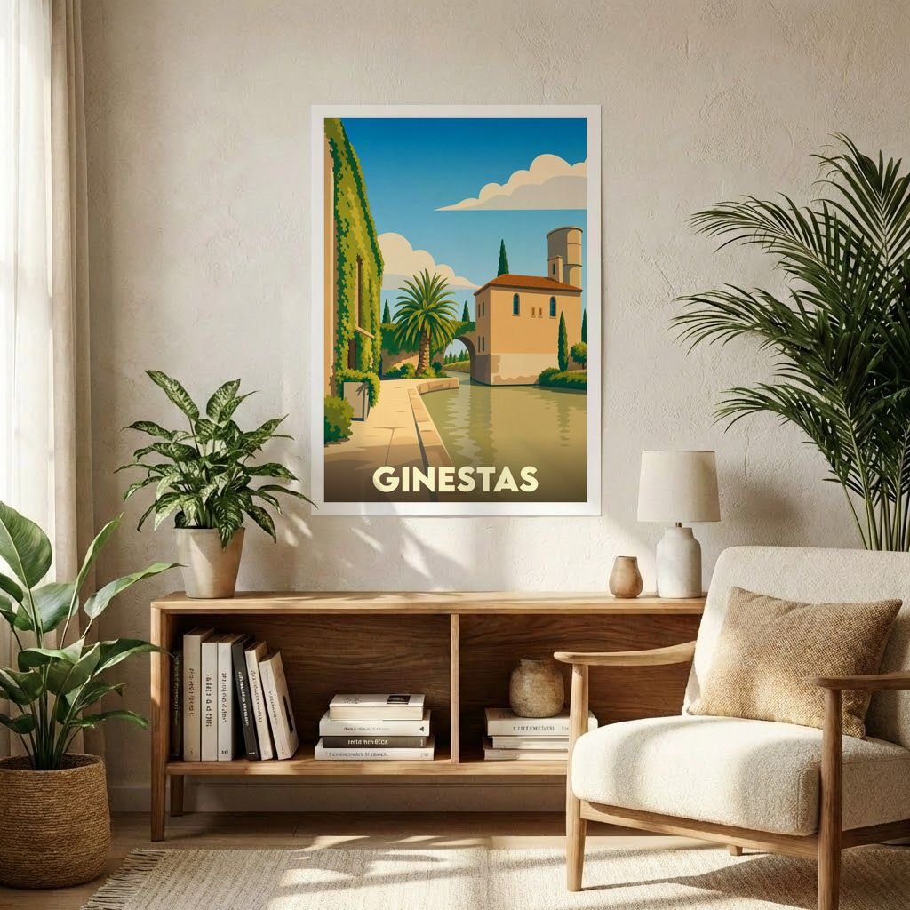 Affiche souvenir de la ville de Ginestas avec une illustration stylisée d'un paysage de canal ensoleillé.