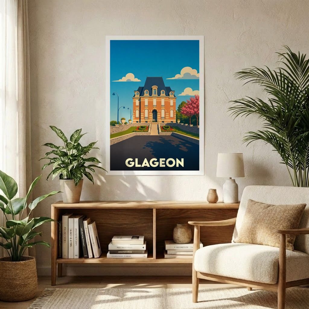 Affiche souvenir de la ville de Glageon avec une illustration stylisée d'une demeure historique.