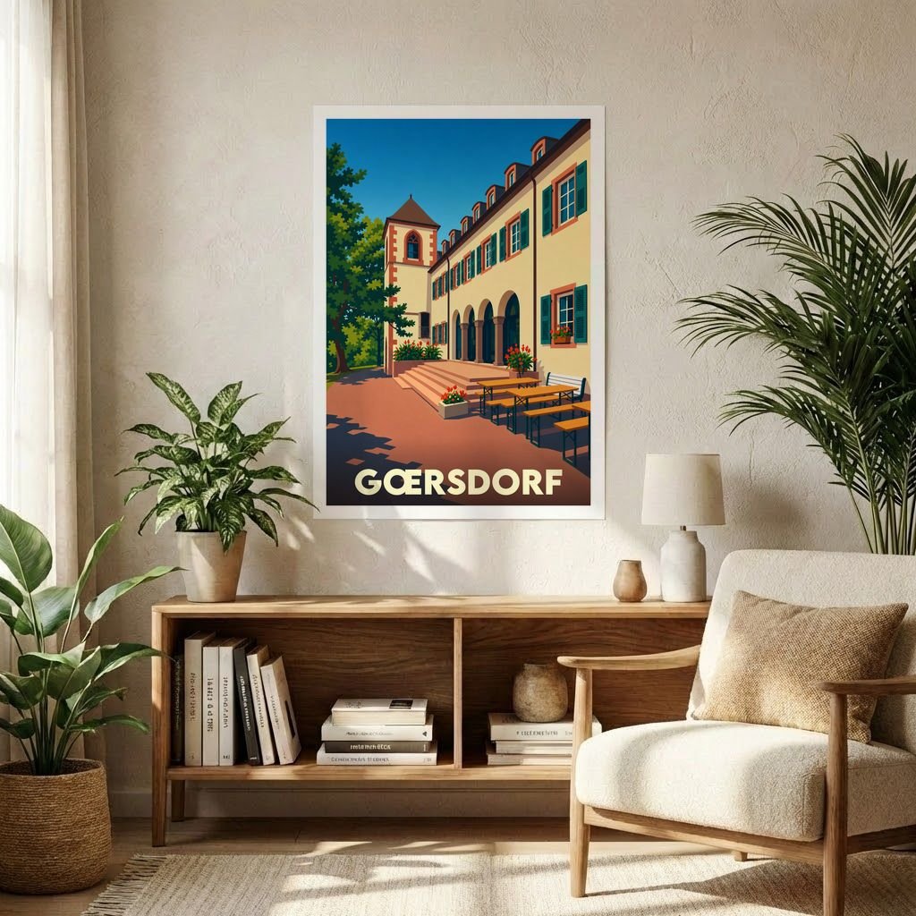 Affiche souvenir de la ville de Gœrsdorf avec une illustration stylisée d'un bâtiment traditionnel.