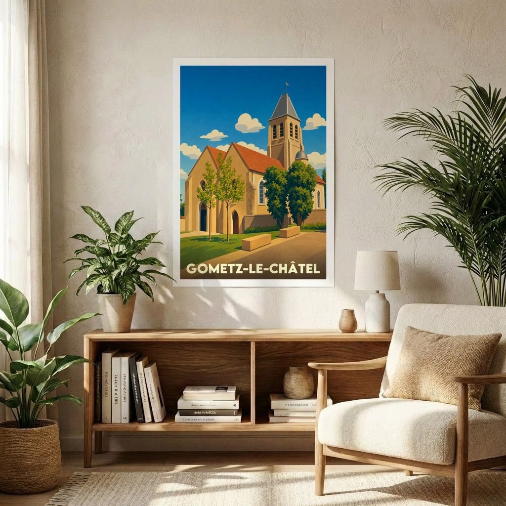 Affiche souvenir de la ville de Gometz-le-Châtel avec une illustration stylisée de son église sous un ciel bleu.