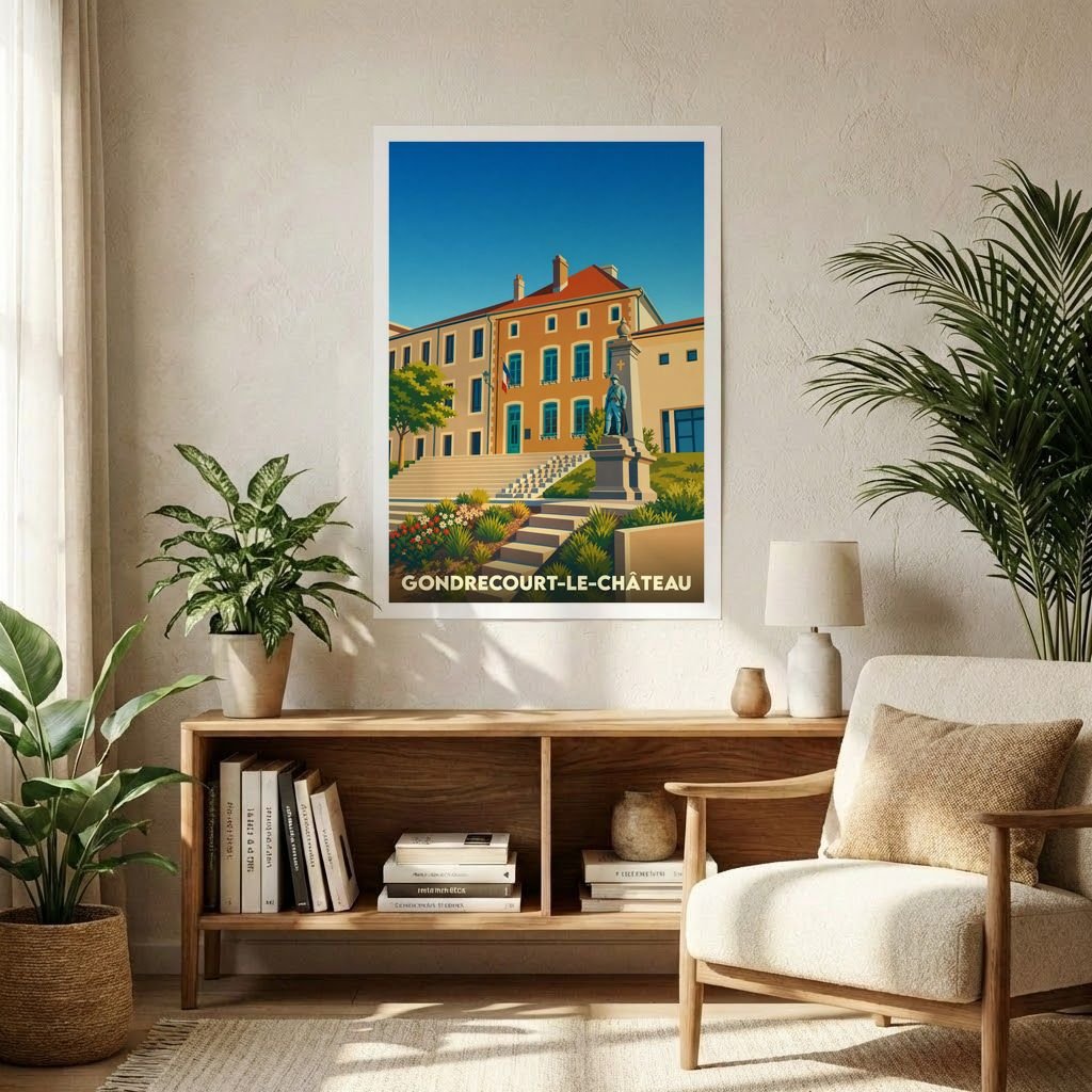 Affiche souvenir de la ville de Gondrecourt-le-Château avec une illustration stylisée et colorée de son patrimoine.