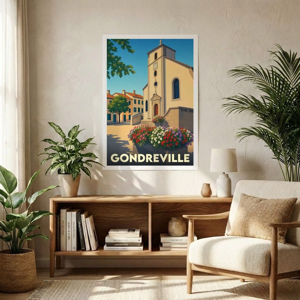 Affiche souvenir de la ville de Gondreville avec une illustration stylisée d'une église fleurie.