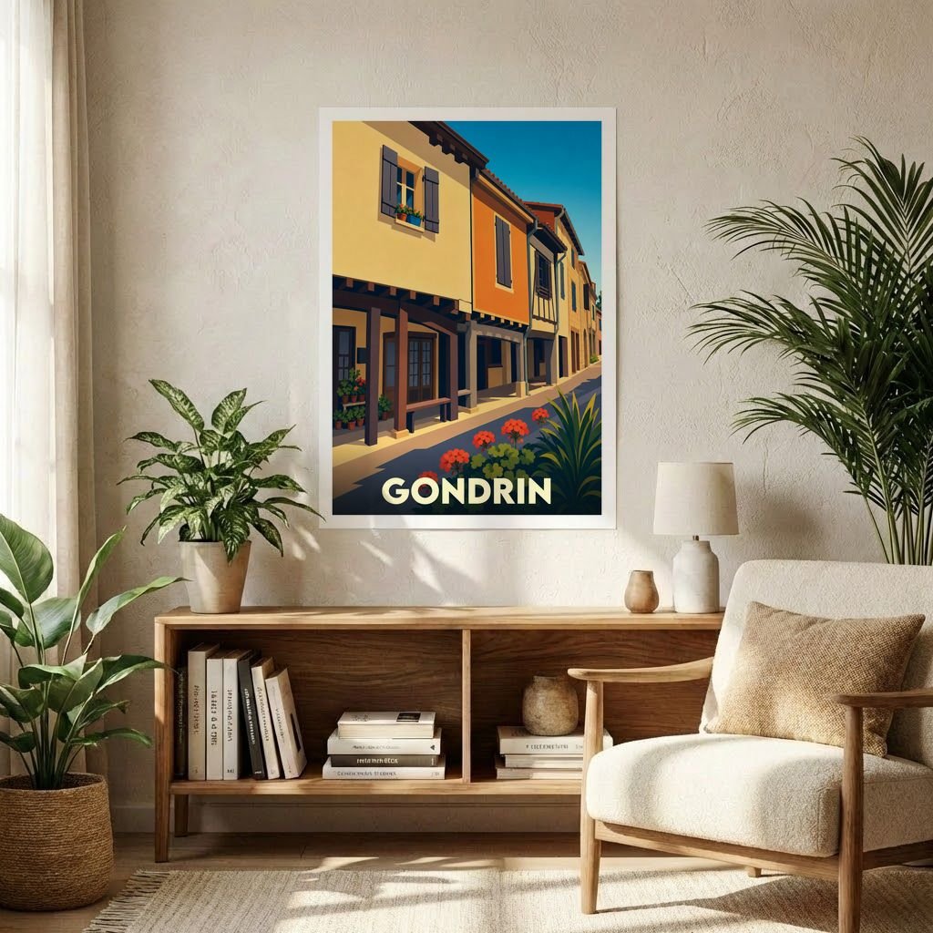 Affiche souvenir de la ville de Gondrin représentant une ruelle ensoleillée avec une illustration stylisée.