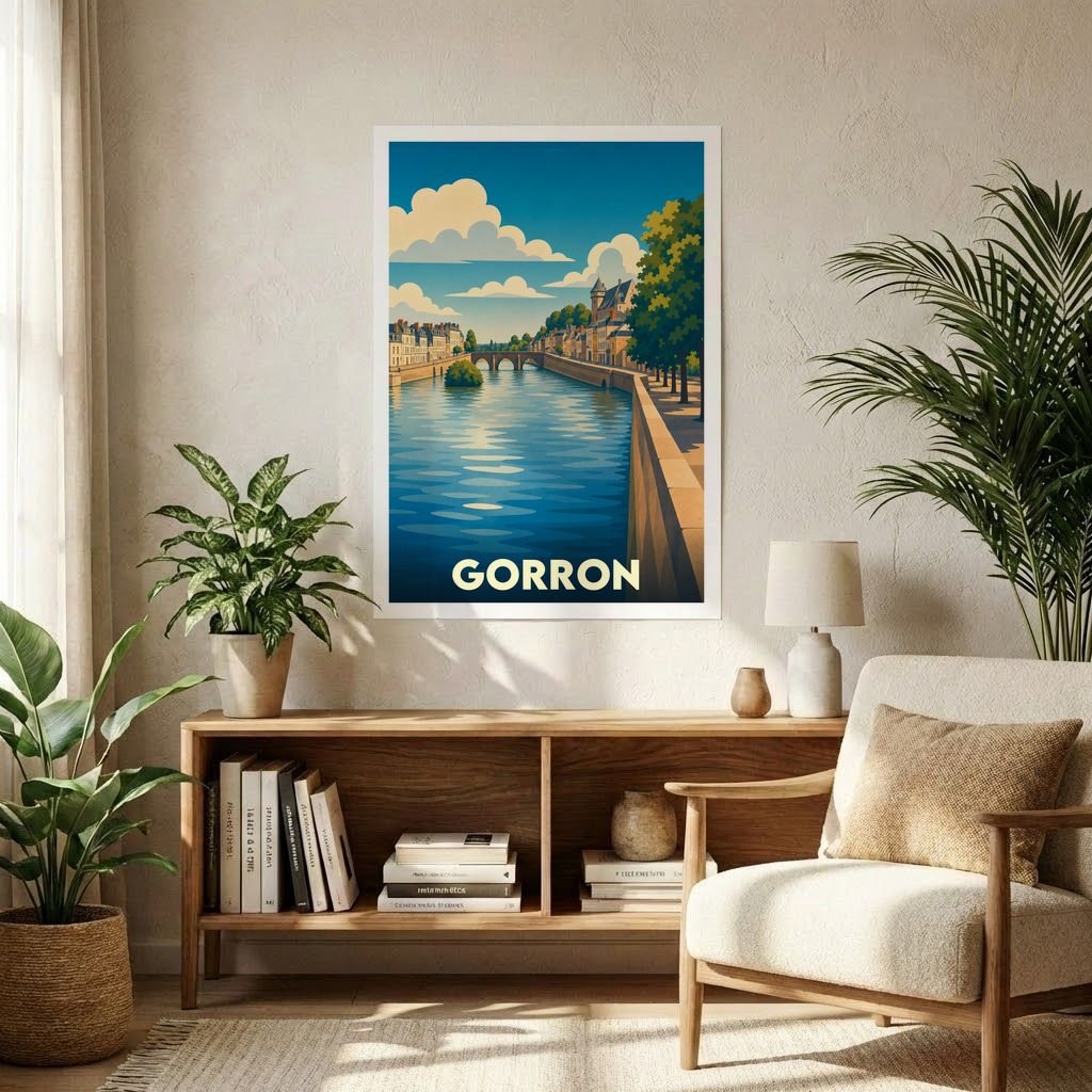 Affiche souvenir de la ville de Gorron présentant une illustration stylisée et colorée de ses quais.