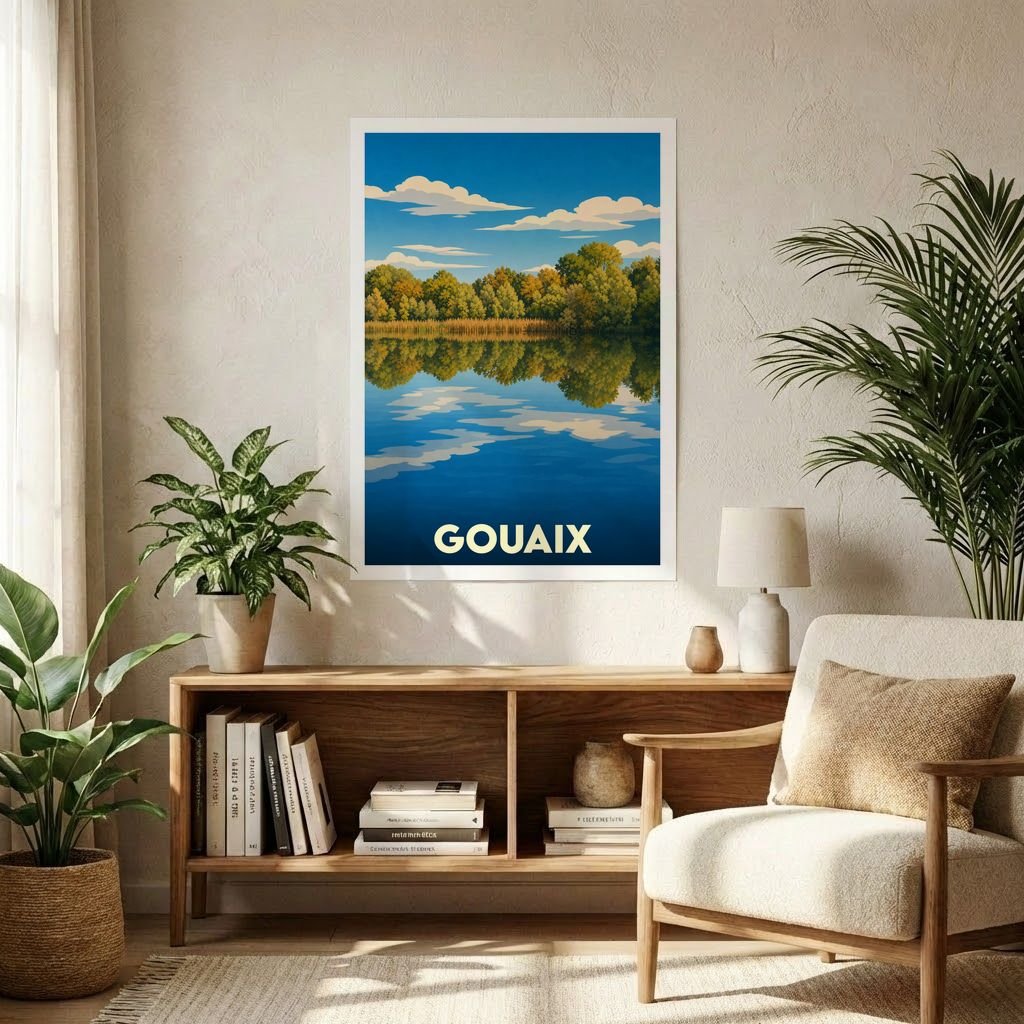 Affiche souvenir de la ville de Gouaix avec une illustration stylisée d'un paysage lacustre.