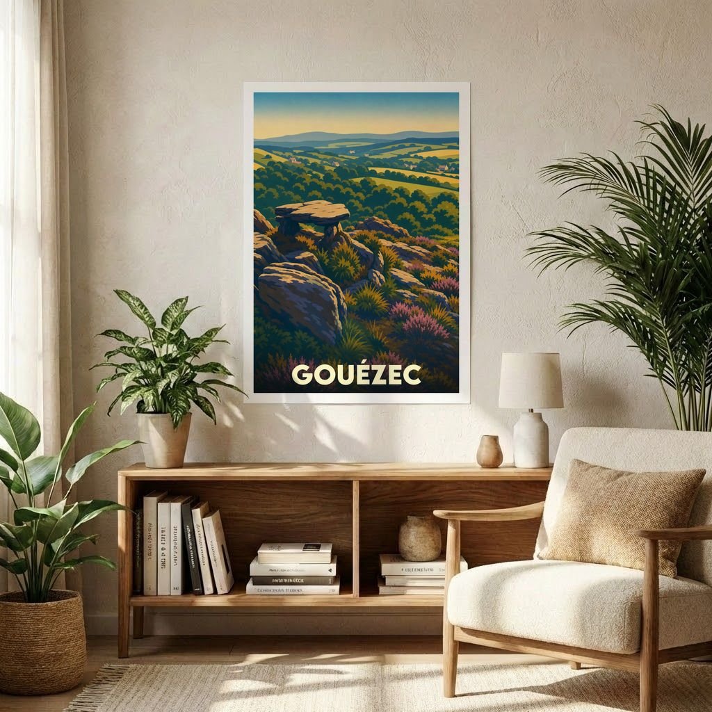 Affiche souvenir de la ville de Gouézec représentant un paysage naturel vallonné dans un style illustré.
