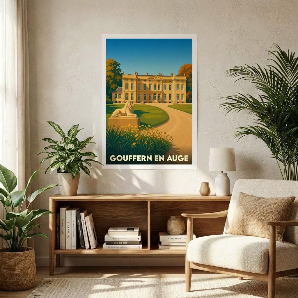 Affiche souvenir de la ville de Gouffern en Auge avec une illustration stylisée d'un château néoclassique et de ses jardins.