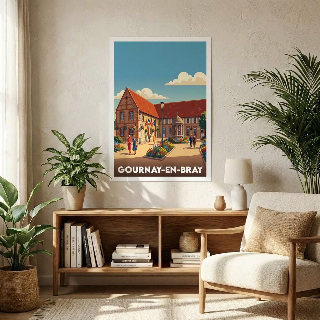 Affiche souvenir de la ville de Gournay-en-Bray avec une illustration stylisée de son architecture et de ses passants.