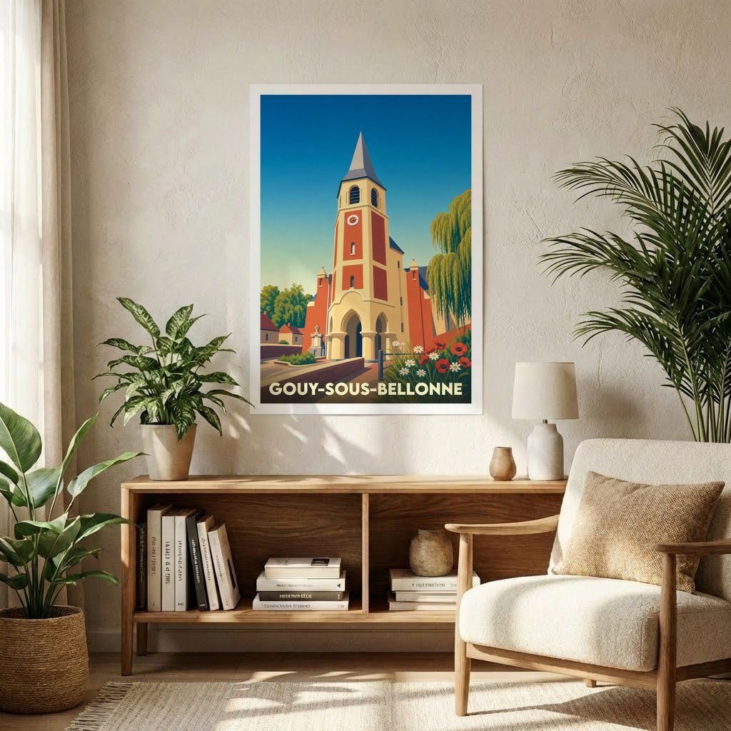 Affiche souvenir de la ville de Gouy-sous-Bellonne avec une illustration stylisée de son église et de son clocher.