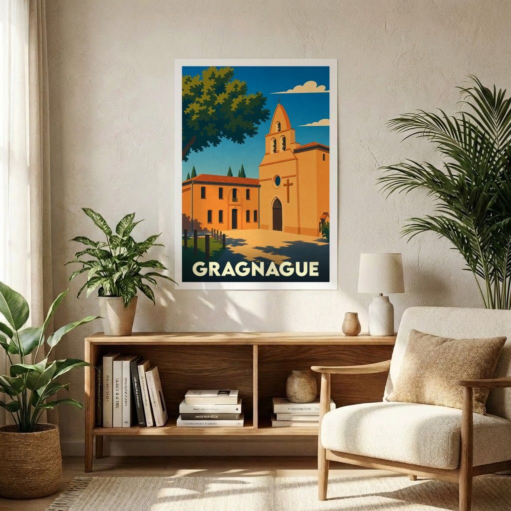 Affiche souvenir de la ville de Gragnague avec une illustration stylisée de son église et de son architecture typique.