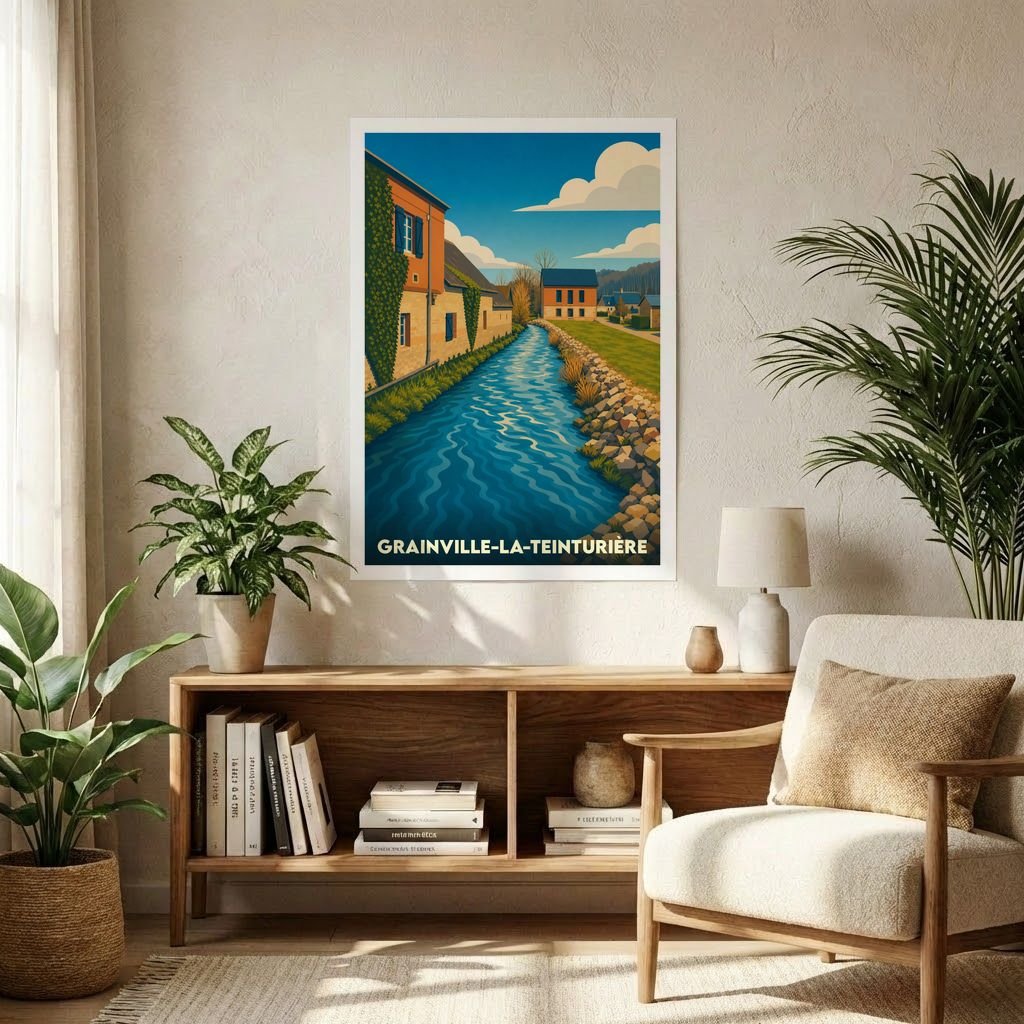 Affiche souvenir de la ville de Grainville-la-Teinturière avec une illustration stylisée d'un canal bordé de maisons.