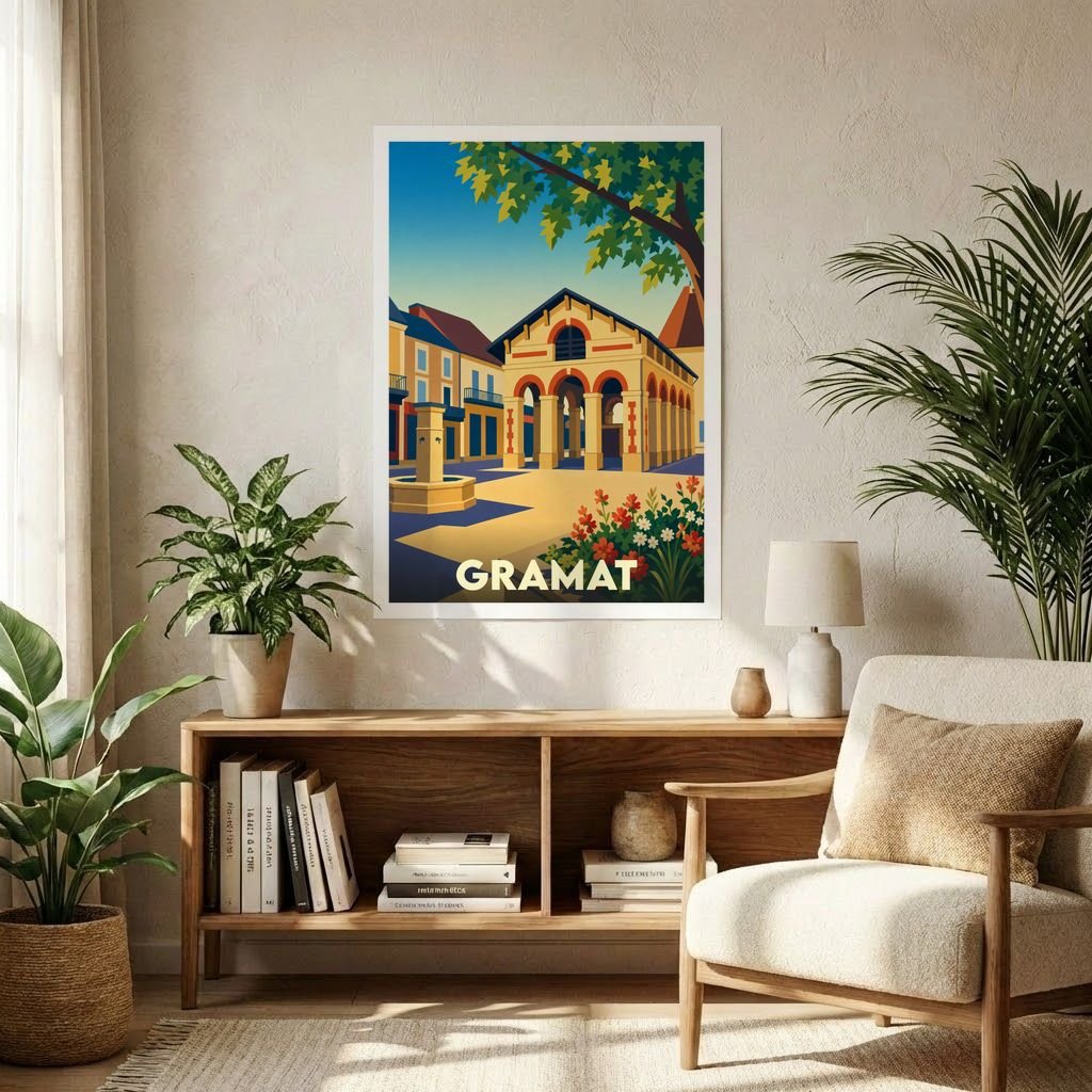 Affiche souvenir de la ville de Gramat avec une illustration stylisée et colorée.