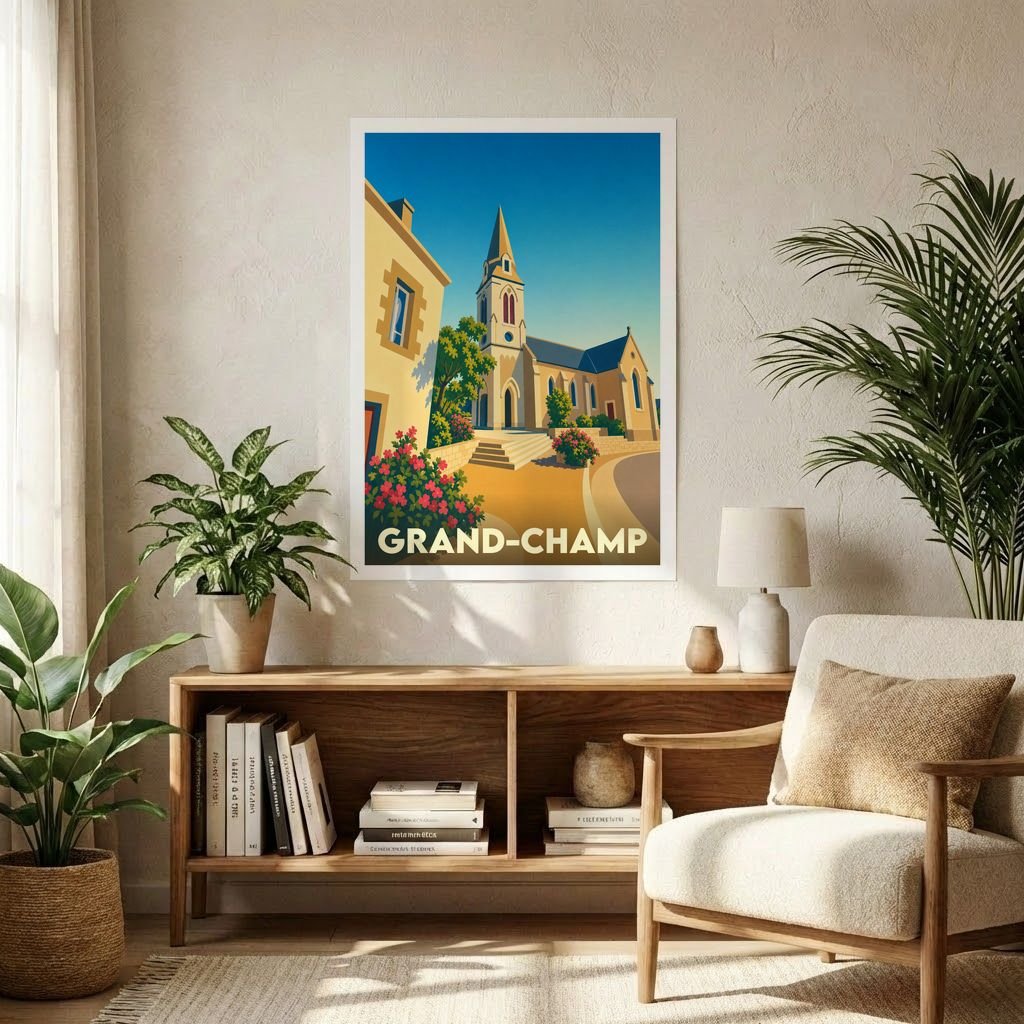 Affiche souvenir de la ville de Grand-Champ avec une illustration stylisée d'une église sous un ciel bleu.