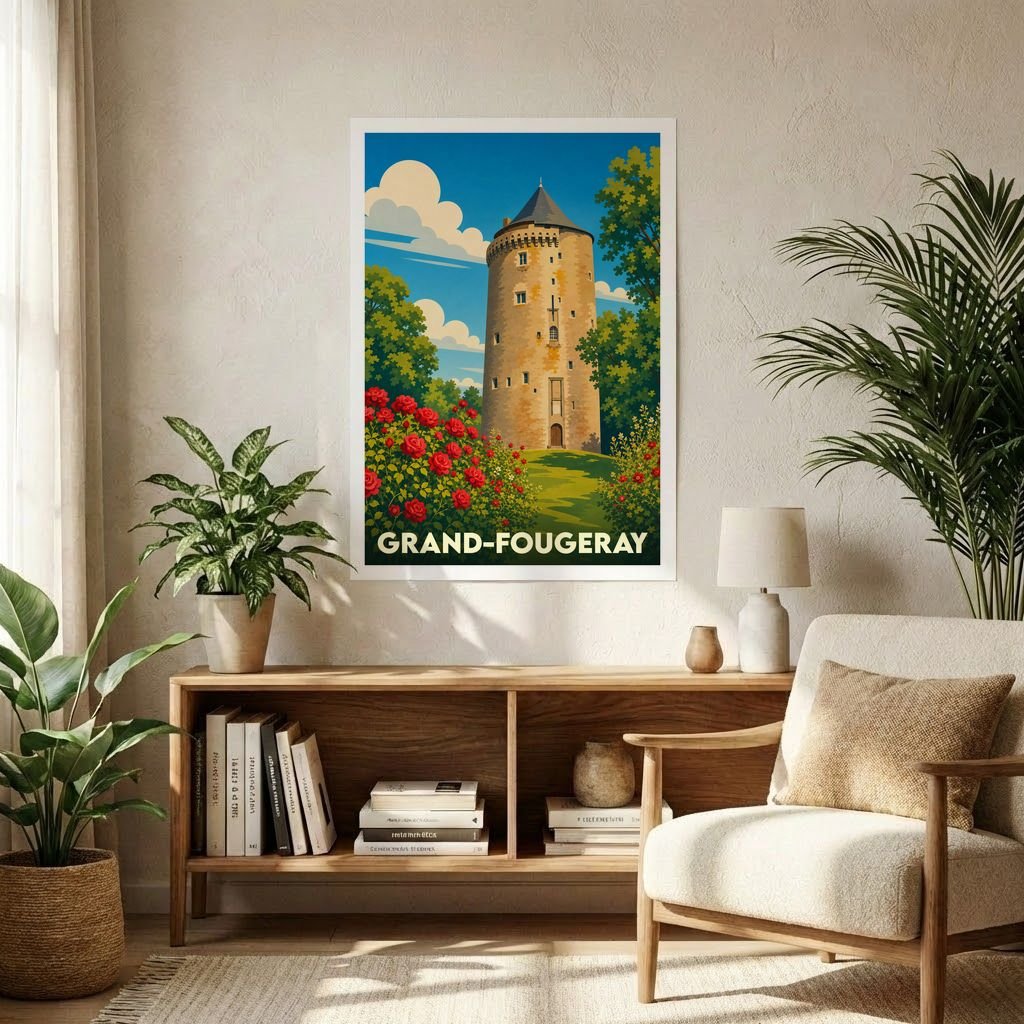 Affiche souvenir de la ville de Grand-Fougeray représentant la tour Duguesclin dans un style rétro et coloré.