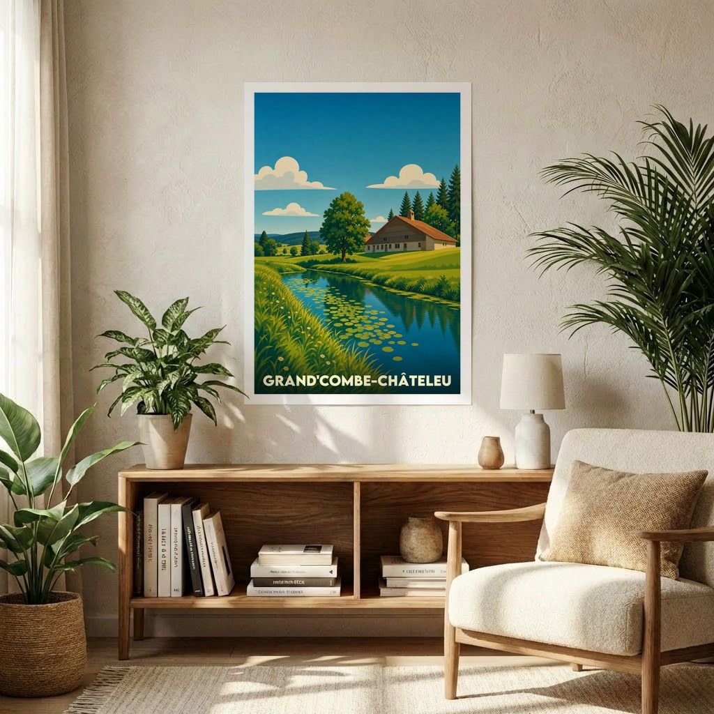Affiche souvenir de la ville de Grand'Combe-Châteleu avec une illustration stylisée de son paysage champêtre.