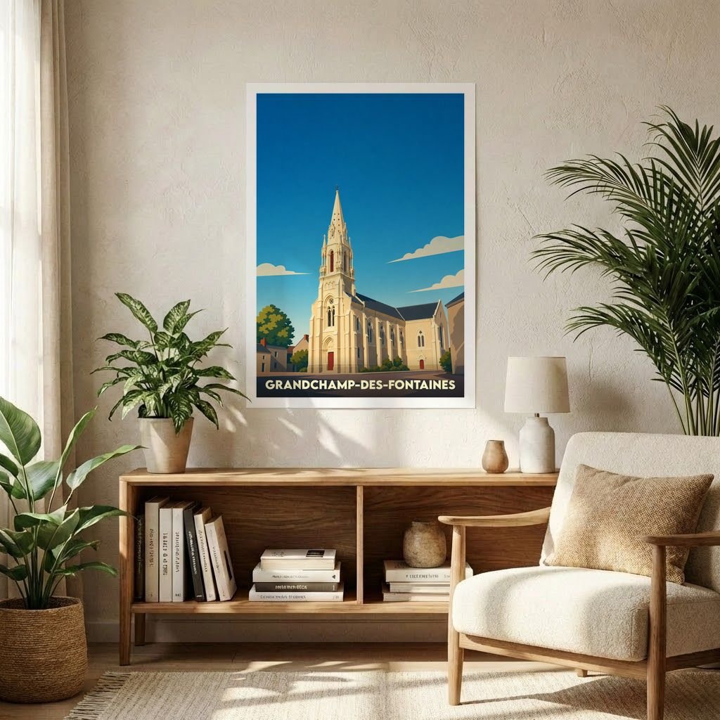 Affiche souvenir de la ville de Grandchamp-des-Fontaines avec une illustration stylisée de son église sous un ciel bleu.