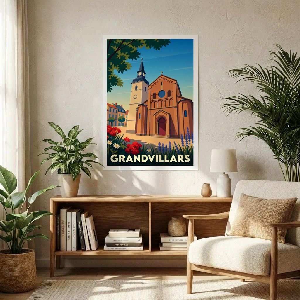 Affiche souvenir de la ville de Grandvillars avec une illustration stylisée de son église et de son clocher.
