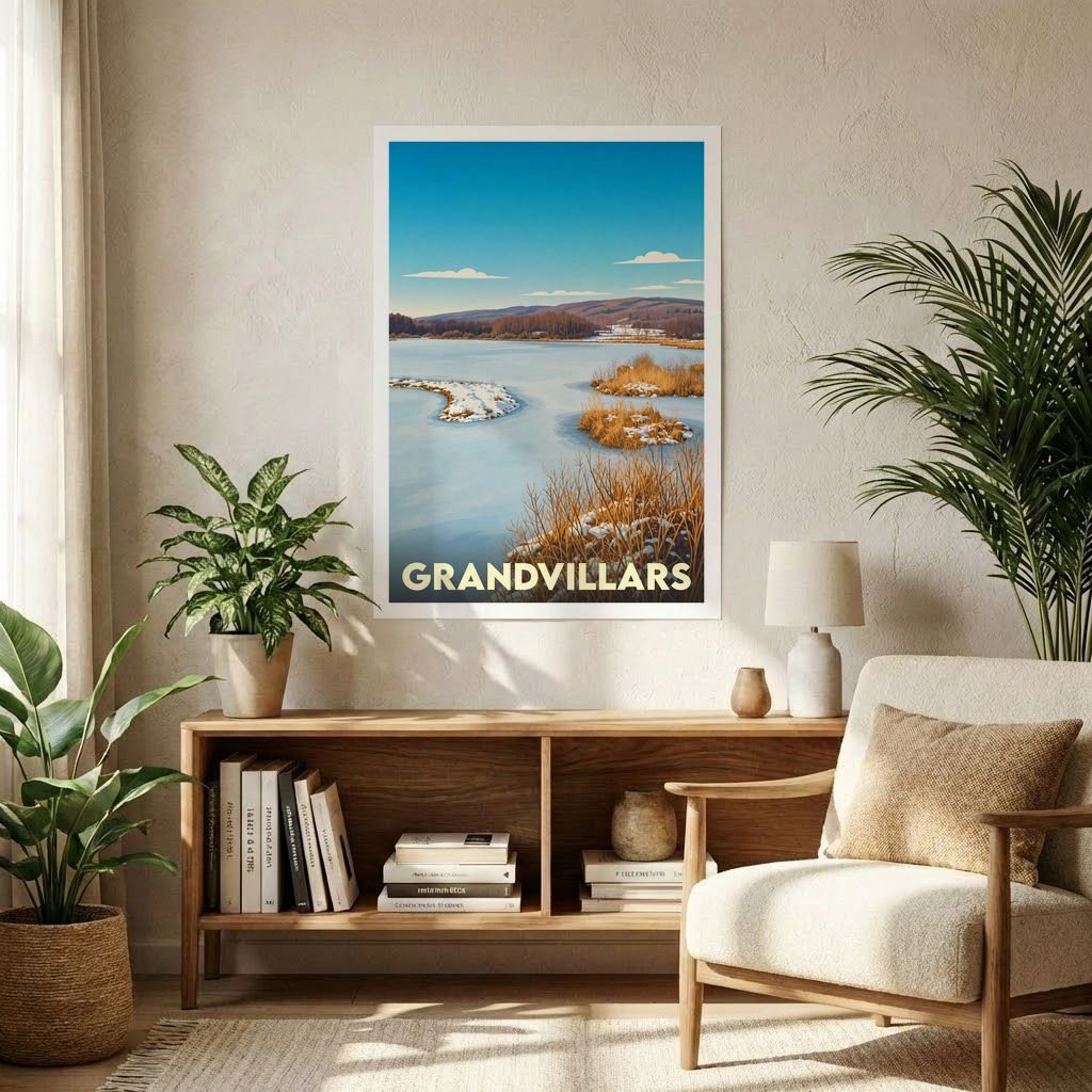 Affiche souvenir de la ville de Grandvillars avec une illustration stylisée d'un paysage hivernal.