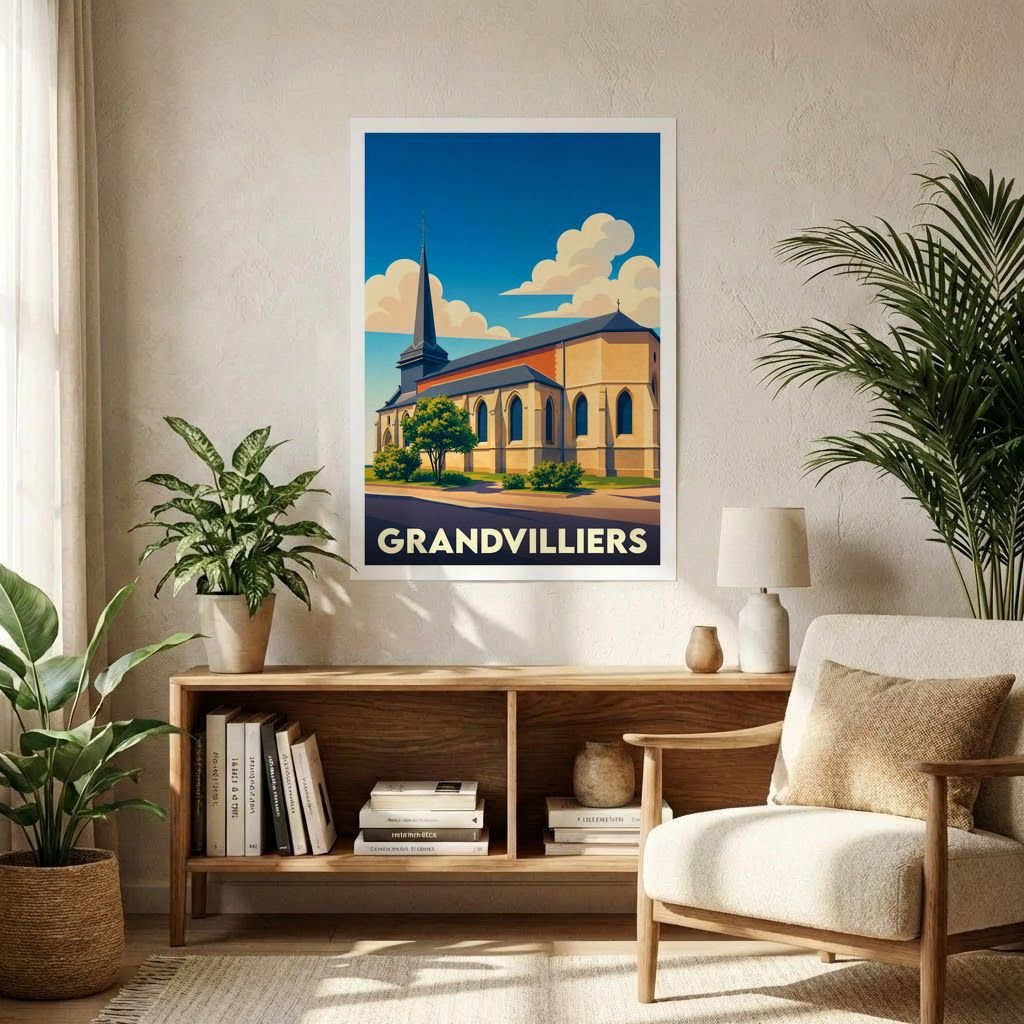 Affiche souvenir de la ville de Grandvilliers avec une illustration stylisée de son église sous un ciel azur.
