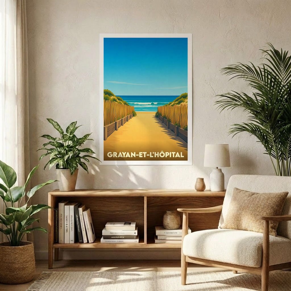 Affiche souvenir de la ville de Grayan-et-l'Hôpital avec une illustration stylisée d'un chemin de plage.
