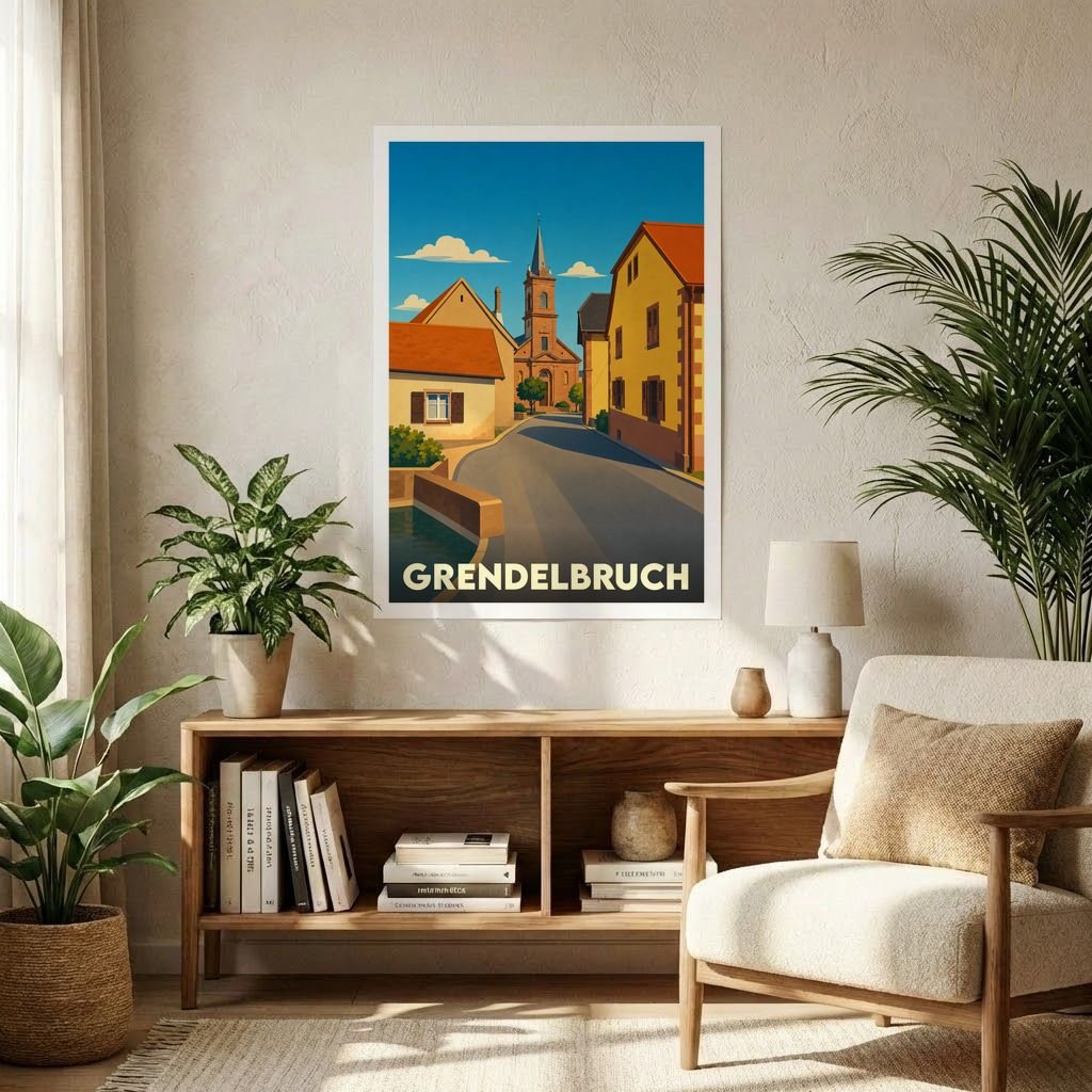 Affiche souvenir de la ville de Grendelbruch illustrant ses rues pittoresques et son église dans un style graphique épuré.