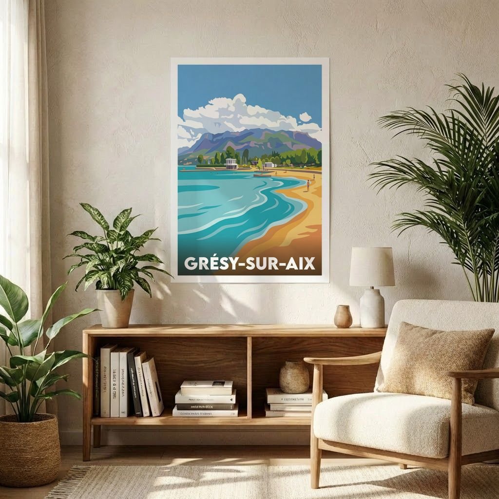 Affiche souvenir de la ville de Grésy-sur-Aix avec une illustration stylisée.