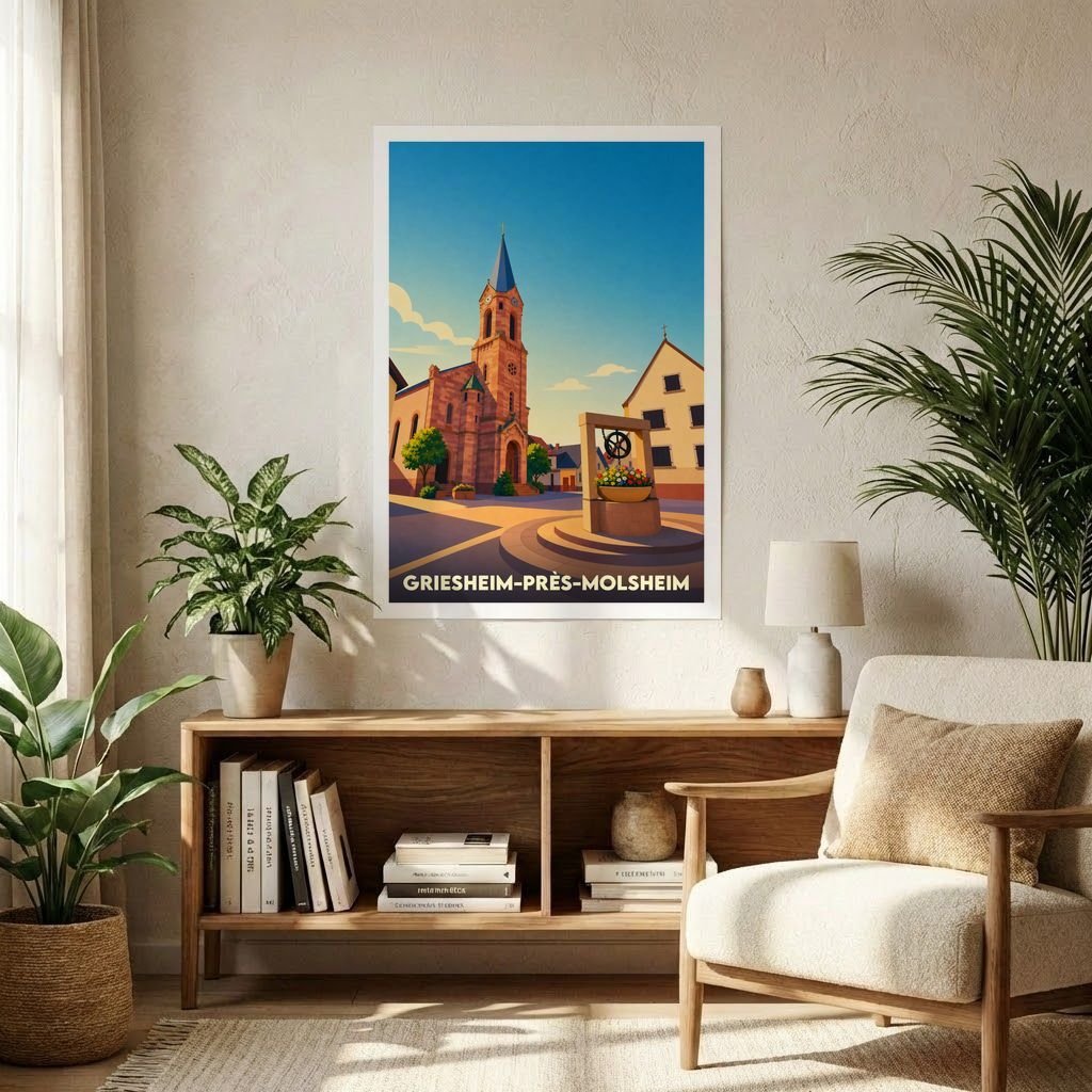Affiche souvenir de la ville de Griesheim-près-Molsheim avec une illustration stylisée de son église et d'un puits traditionnel.